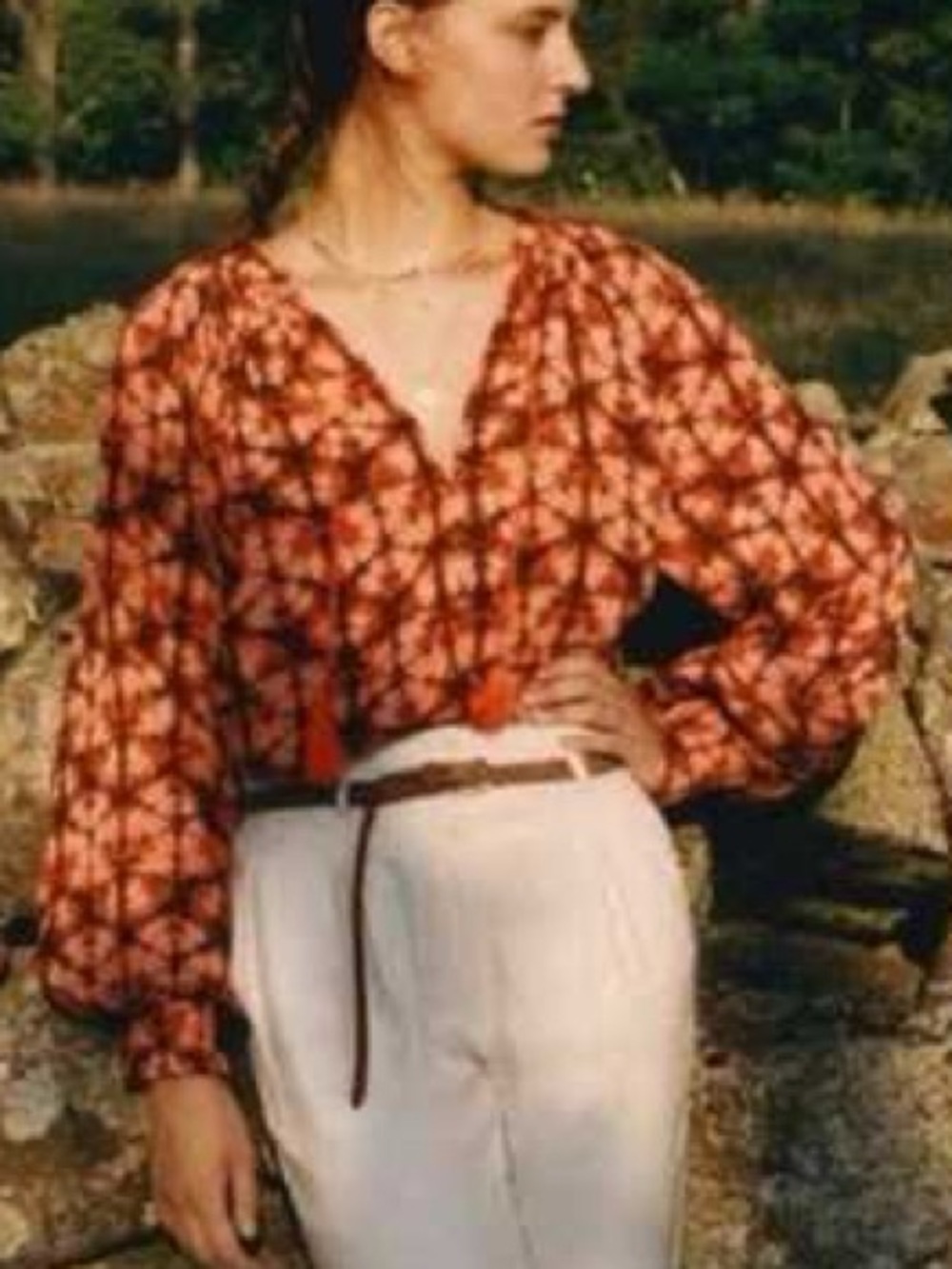 Anthropologie - Porridge Elisabeth Vibrant Orange Black Print Tassel Blouse XS